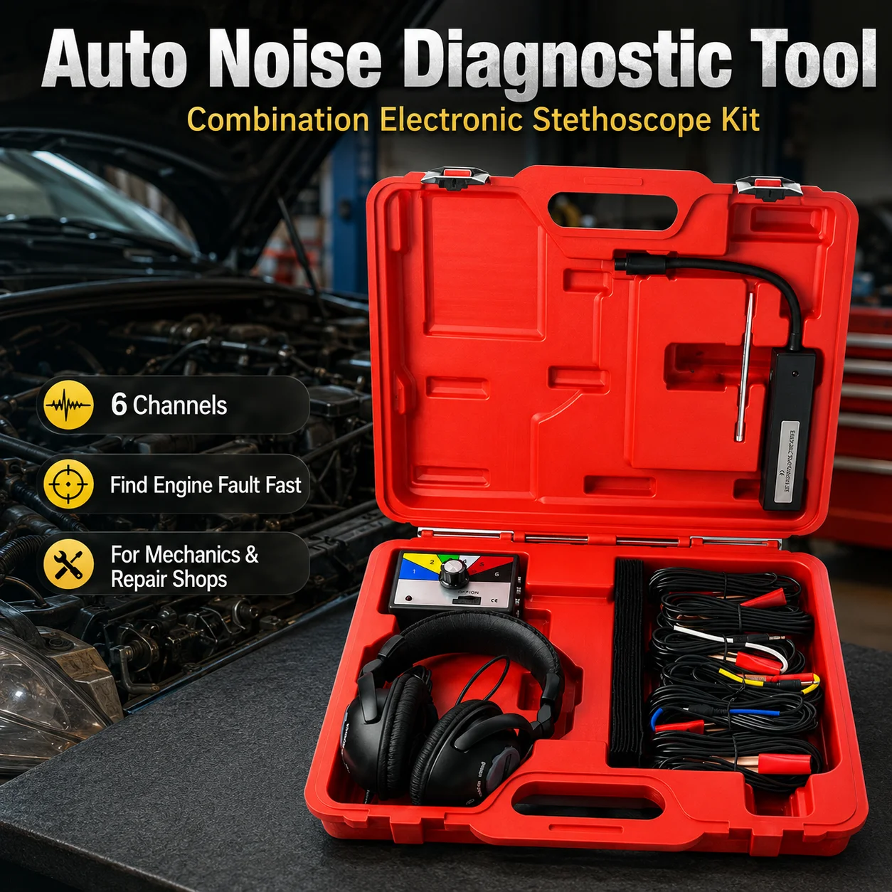 Automotive Electronic Stethoscope Noise Diagnostic Kit 6 Channel Engine Sound Detector Mechanical Fault Finding Tool