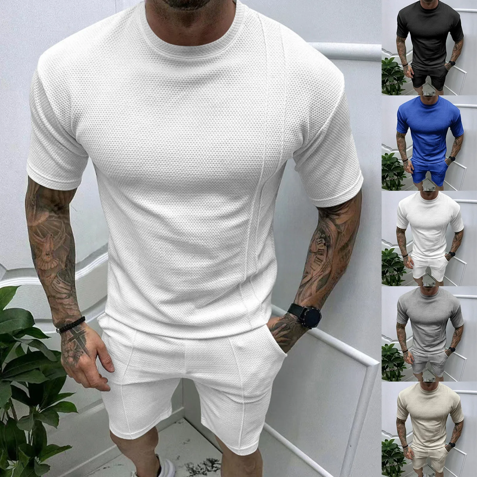 Men'S Shorts Sets Round Neck Short-Sleeved Slim Fit Pullover Shirt Drawstring Shorts Two Piece Set Casual Breathable Sports Set