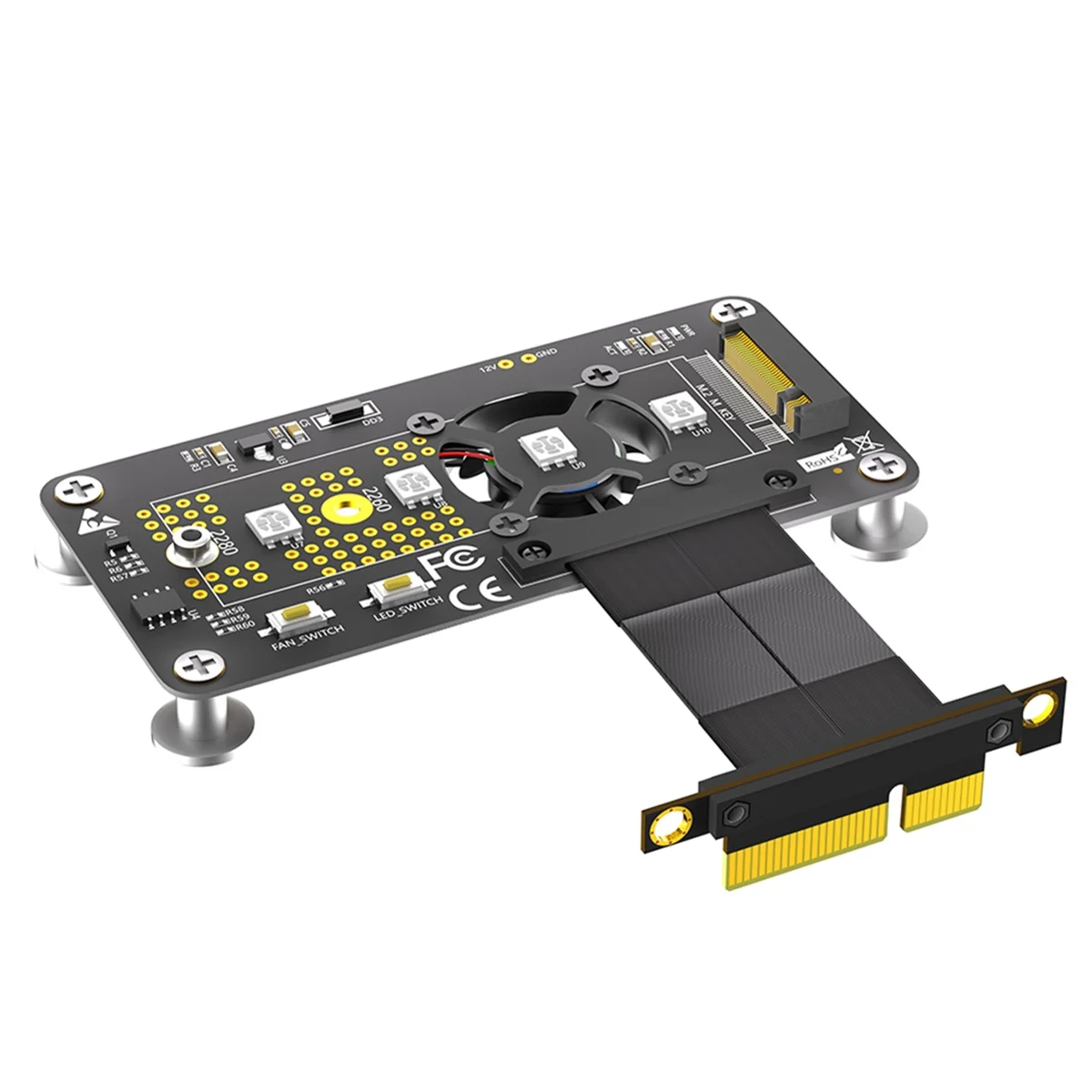 

3 in 1 M.2( NGFF) NVME M-Key SSD to PCI-E 4X Extension Cable with Cooling Fan and Automatic Discoloration LED (10cm)