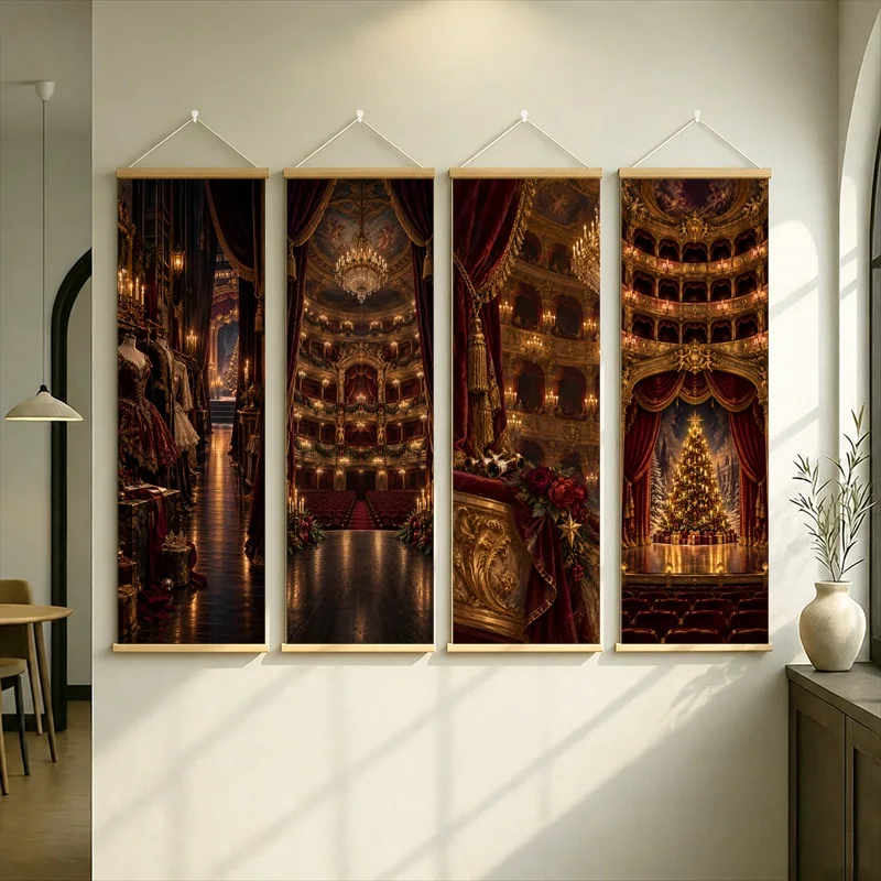 Grand Theater Hanging Scroll with Golden Balconies, Red Curtains and a Christmas Tree in a Dramatic Style for a Living Room