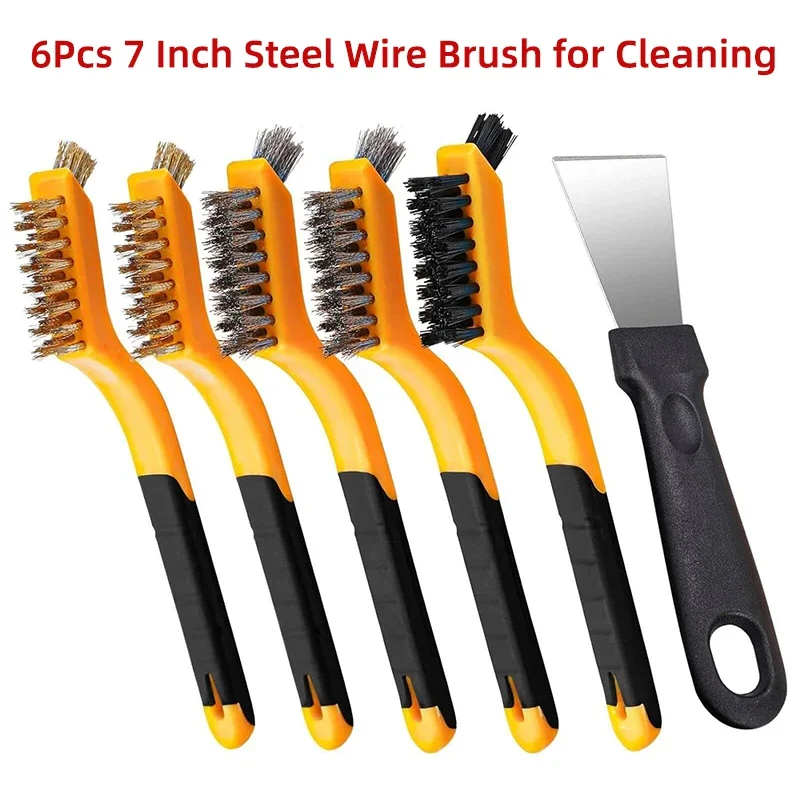 

6Pcs Steel Wire Brush Set Brass Nylon Steel Brush and Cleaning Spatula Metal Brush for Cleaning Rust Cratches Paint Stain