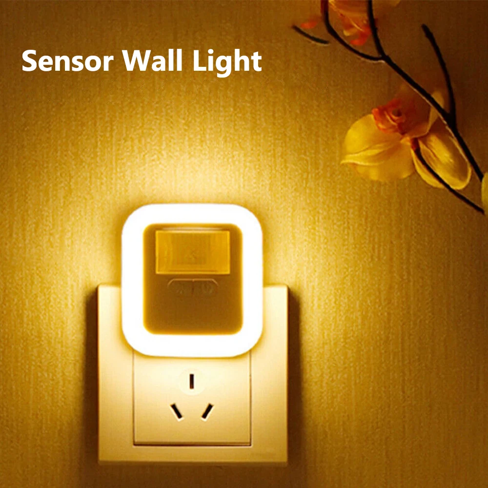 LED Motion Sensor Night Light, UE e EUA Plug-in Quarto Decor Lamp, 110V-220V, Lâmpada de parede de cabeceira, Home Corridor Staircase Lighting