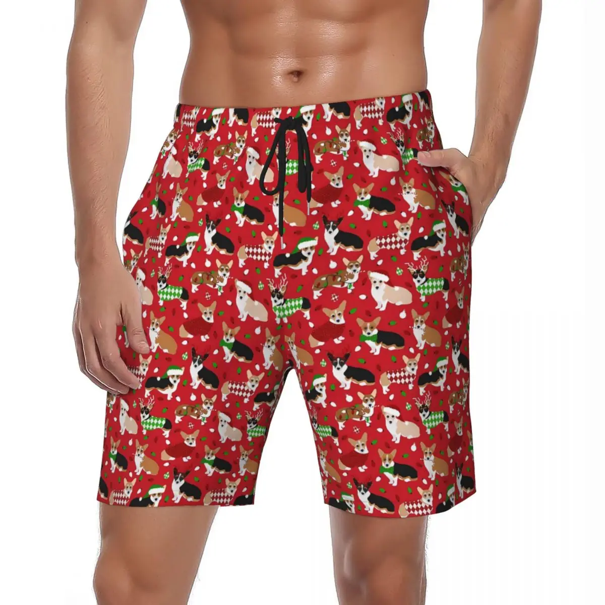 Natal Corgi Board Shorts, Estampa Cães Verão, Shorts Praia Havaí, Esportes Masculino, Confortável Personalizado, Troncos de Praia DIY