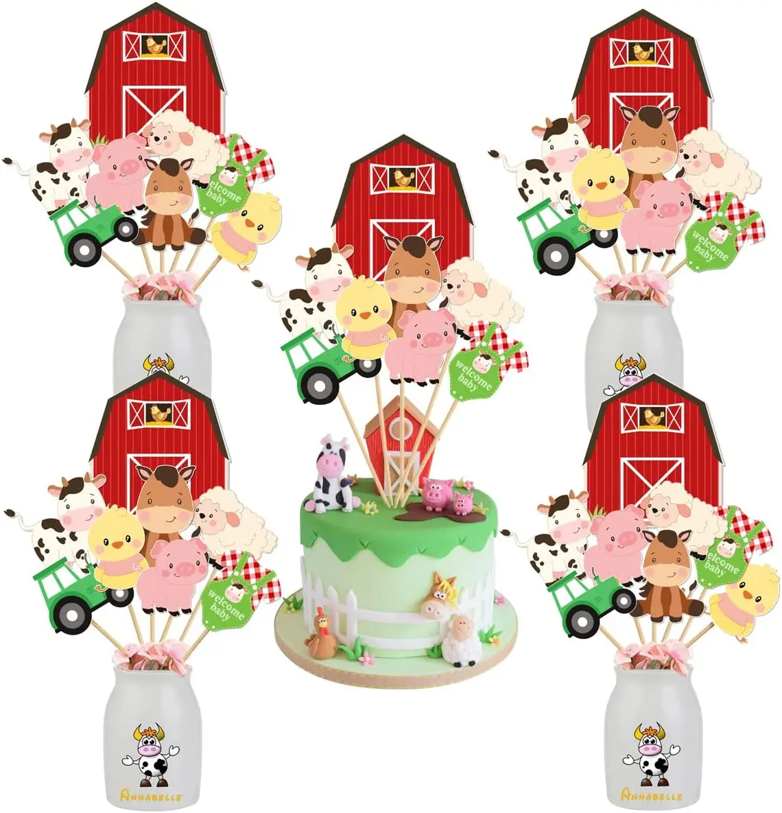 

KREATWOW Farm Animal Table Centerpiece Sticks, Red Farm Theme Table Toppers, Barnyard Birthday Party Decorations, Baby Shower