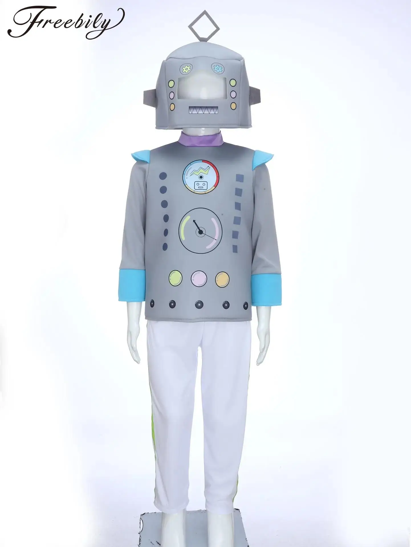 Kid Robot Cosplay Costume Long Sleeve Colorful Printed Shirt Top with Pants Cute Robots Headgear Halloween Carnival Party Outfit