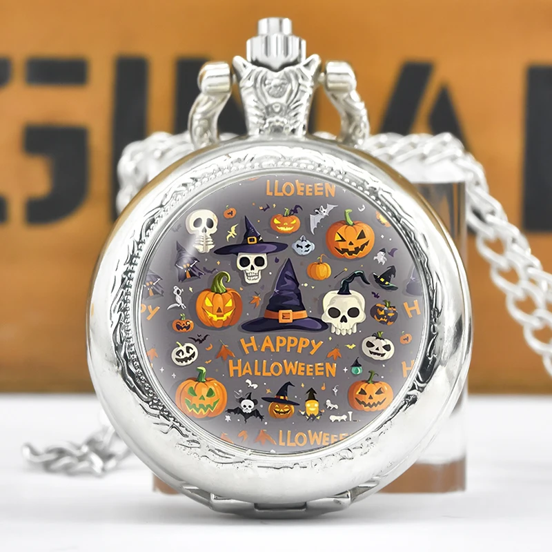 크리에이티브 빈티지 컴팩트 미디엄 쿼츠 목걸이, 포켓 시계, 합금 라운드 다이얼, 재미있는 스티커, 할로윈, 저렴한 어린이 선물