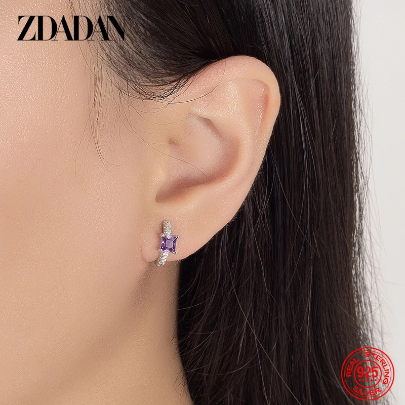 ZDADAN 925 Sterling Silver 18K Gold Amethyst Hoop Earring For Women Fashion Jewelry
