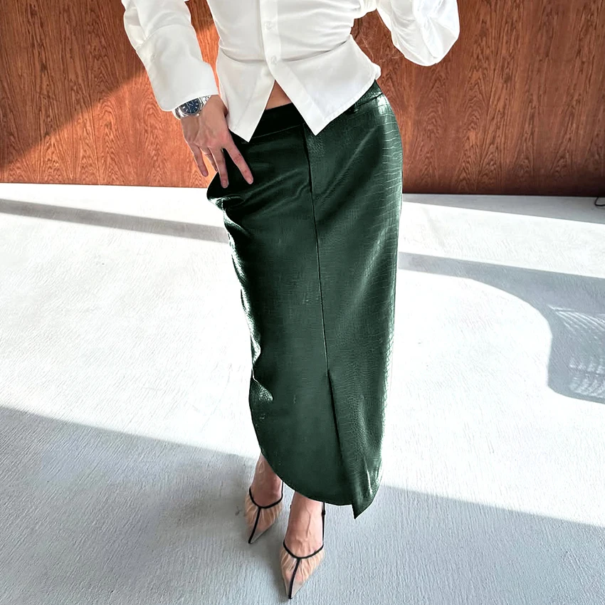 Linad Vintage Green PU Mid Calf Skirts For Women 2026 Autumn Fashion Straight Skirt Female Elegant Slim High Waist Zipper Skirts