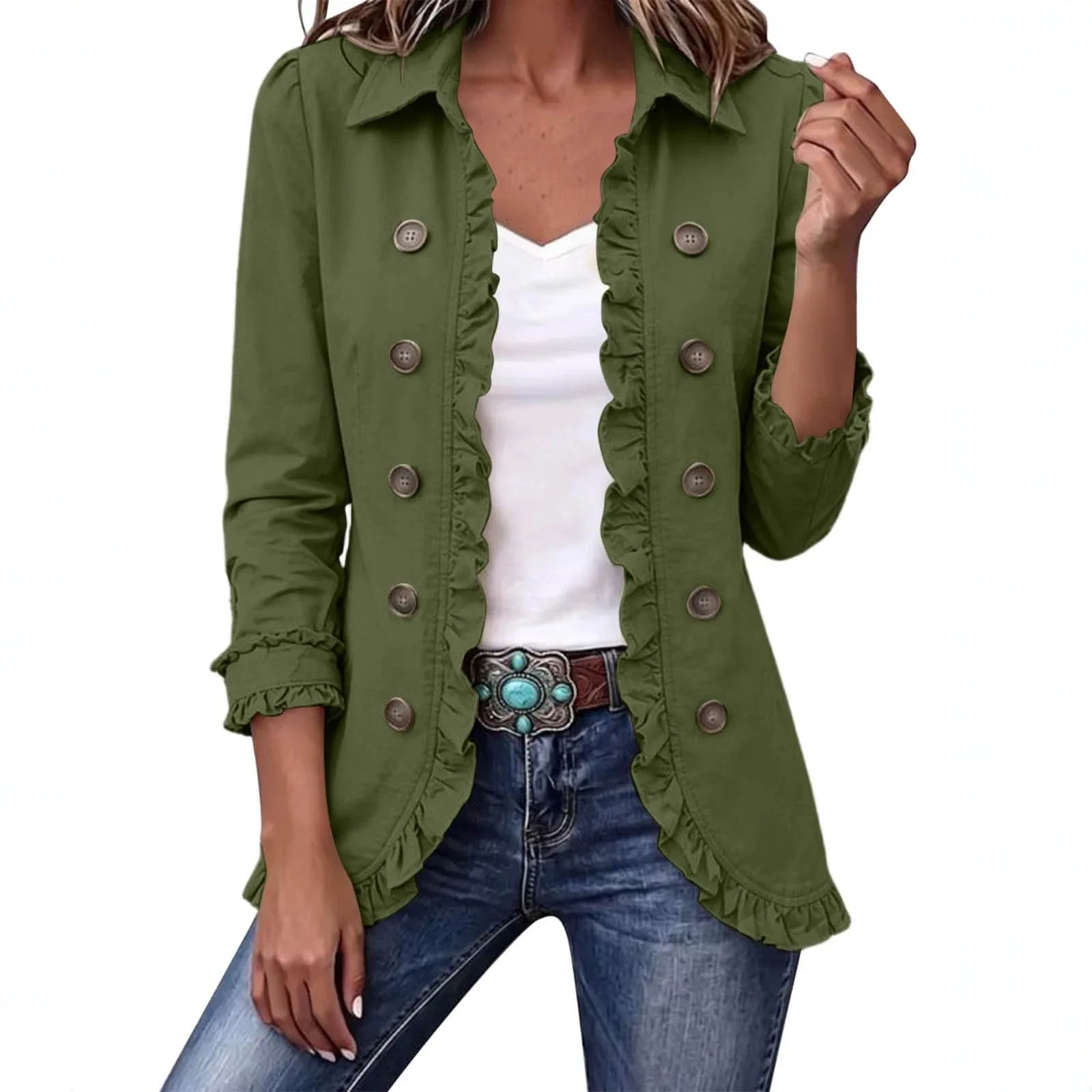 2026 Fall New Fashion Casual Solid Color Long Sleeve Buttoned Ruffled Cardigan Jacket