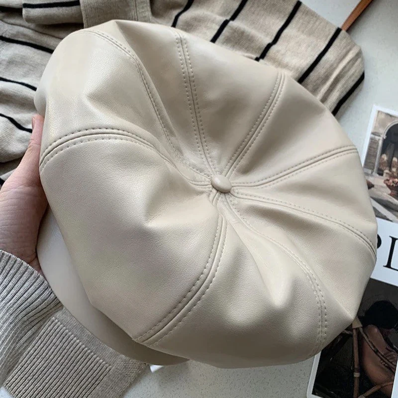 French Octagonal Beret for Men Women Winter Warm Leather  Cap Female Korean Retro Octagonal Artist Painter Cabbie Hat