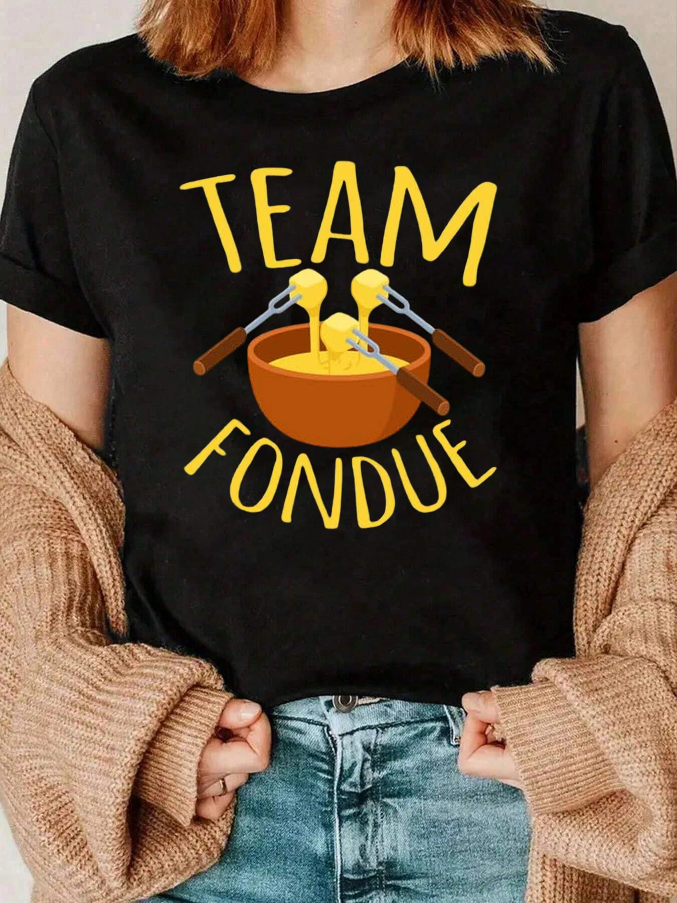 Camiseta con estampado Team Fondue, ropa informal para mujer, 220g