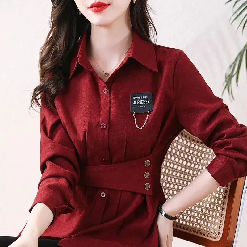 Casual coreano bandagem cintura manga longa camisa moda roupas femininas outono elegante chique polo-pescoço botão blusa de cor sólida