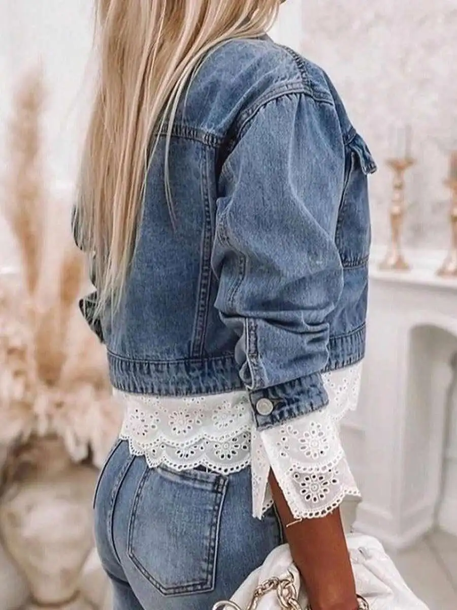 

Womens Short Denim Jacket With Lace Trim Casual Outerwear For Spring And Autumn