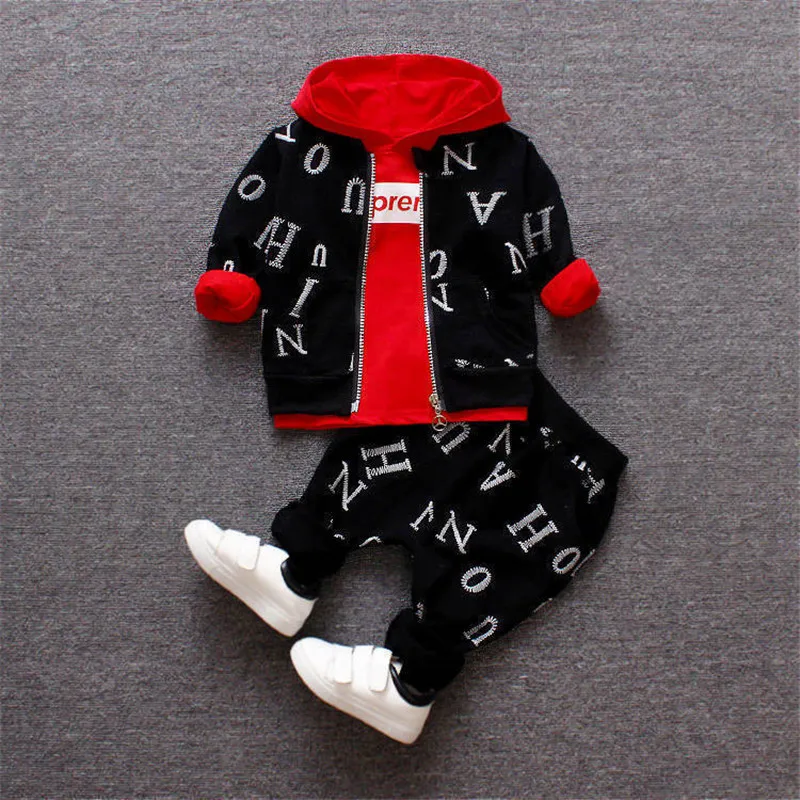 2023Spring autumn new boys zipper shirt three piece set children baby full printed letters hooded long-sleeved hoodie set 1 3 4Y