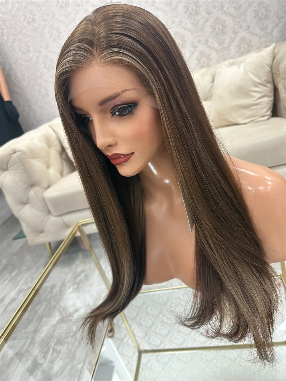 Natural Brown Wig with Blonde Highlights Women's Luxury Synthetic Hair Straight Wig for Halloween Cosplay Wear&Go Realistic Wig