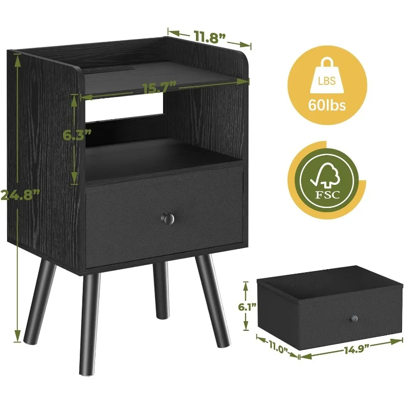 Nightstand with Charging Station, Modern Night Stand with LED Lights, Wood Nightstands with Fabric Drawer & Storage Shelf