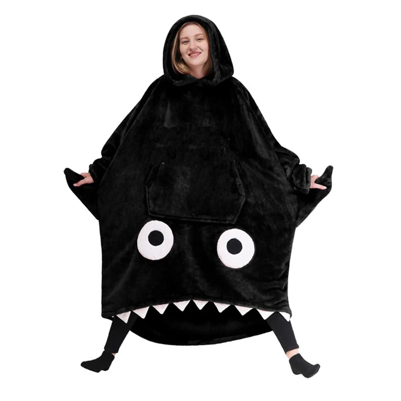 Cute Cartoon Shark Oversized Blanket Hoodie For Women and Men One Size Fits All Wearable Blankets Sweatshirt Blanket with Pocket
