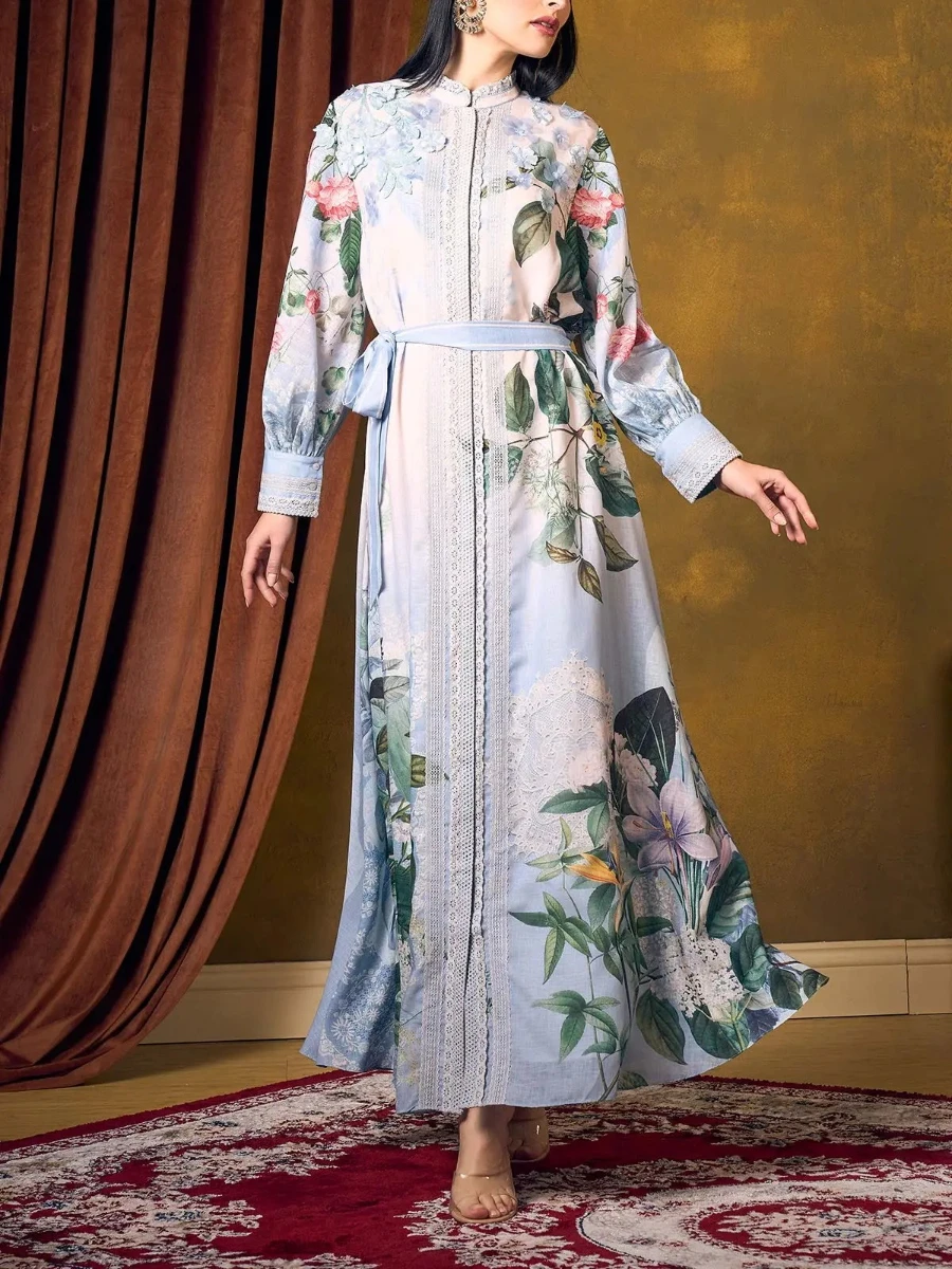 فستان VGH أنيق بطباعة حافة من الدانتيل للنساء بياقة واقفة وأكمام طويلة وخصر عالي ومرقعة وأربطة فساتين طويلة للسيدات #2