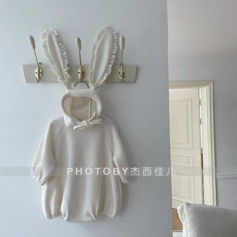 Spring New Baby Girl Long Sleeve Bodysuit + Rabbit Ears Hat Girls Cute Solid Princess Jumpsuit Infant Clothes 0-24M  Q..