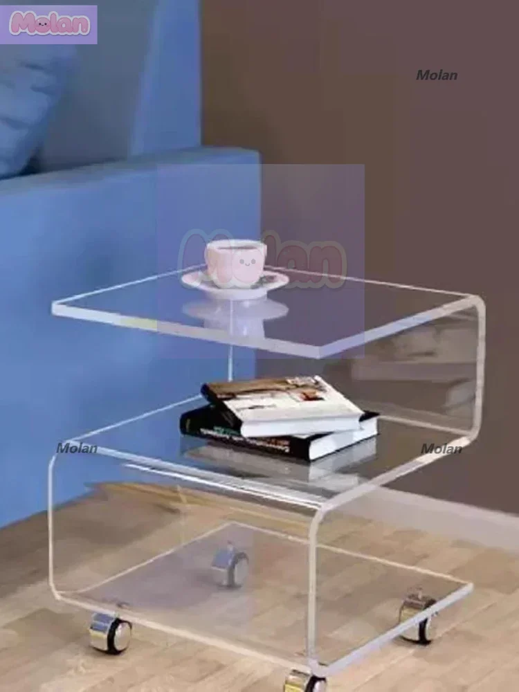 

Creative S-shaped Transparent Acrylic Coffee Table with Wheels Storage Bedside Table Movable Corner Tables Home Furniture