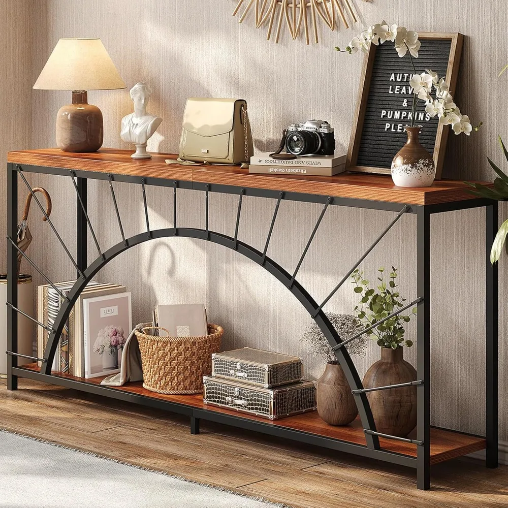 

70,9-дюймовый удлиненный диван-стол в индустриальном стиле — двухъярусная консоль для прихожей, прихожей и гостиной