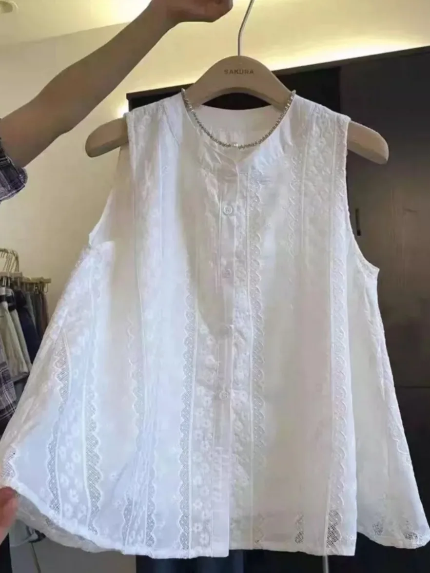 

Unique Lace Splice Sleeveless Shirt Women's Loose Style Summer Fashion Youthful Short Length Top Bamboo Fiber Commute Wind