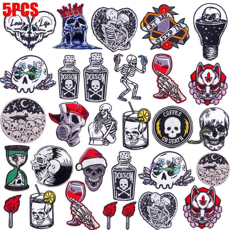 5 Teile/lose Punk Stickerei Patch Eisen Auf Patches Für Kleidung Thermoadhäsive Patches Auf Patches Horror Schädel Bügeln Aufkleber