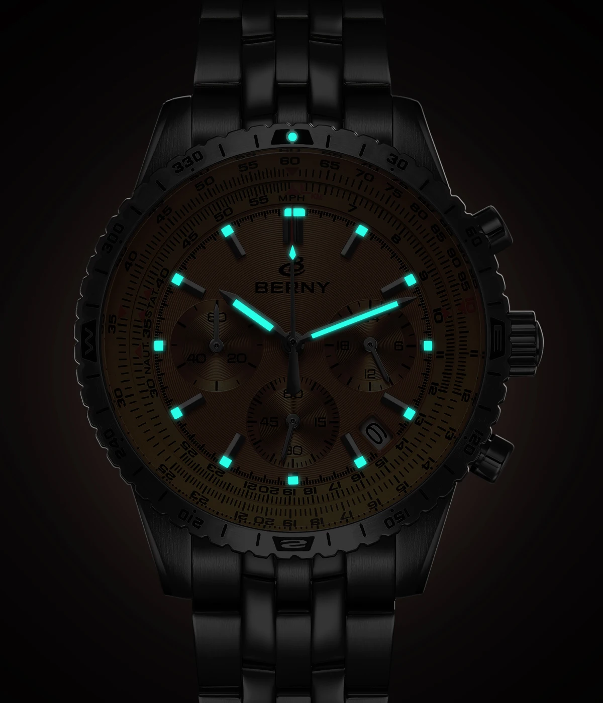 BERNY Aviation Herrenuhren Quarz Chronograph Uhr Datum Saphir Super Leuchtend Luxusmarke Dress Herren Armbanduhr – Detail 6