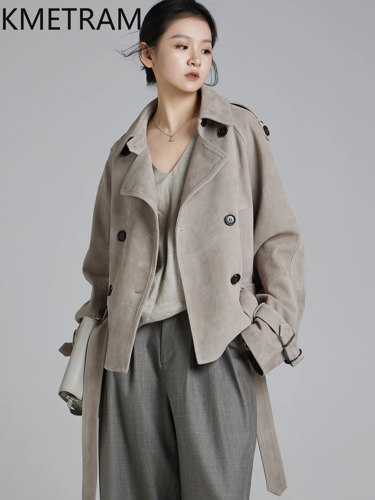 KMETRAM جلد الغنم الطبيعي عكس الجلد المدبوغ خندق معطف قصير موضة المرأة سترة جلدية حقيقية 2025 الخريف معاطف سترات نسائية