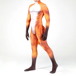 Halloween Animal Fox Pattern  Cosplay Costume Leotard Funny with Tail Skintight ClothesAdult Party Man Long Sleeve Jumpsuit