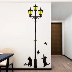 Creative Street Lamp Acrylic 3D Wall Stickers, Cute Cat, Children's Room Wall Decoration, Livingroom, Bedroom, Home Decor