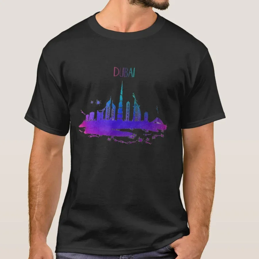 Dubai Watercolor Skyline Silhouette T Shirt. High Quality Cotton, Large Sizes, Breathable Top, Loose Casual T-shirt  S-3XL