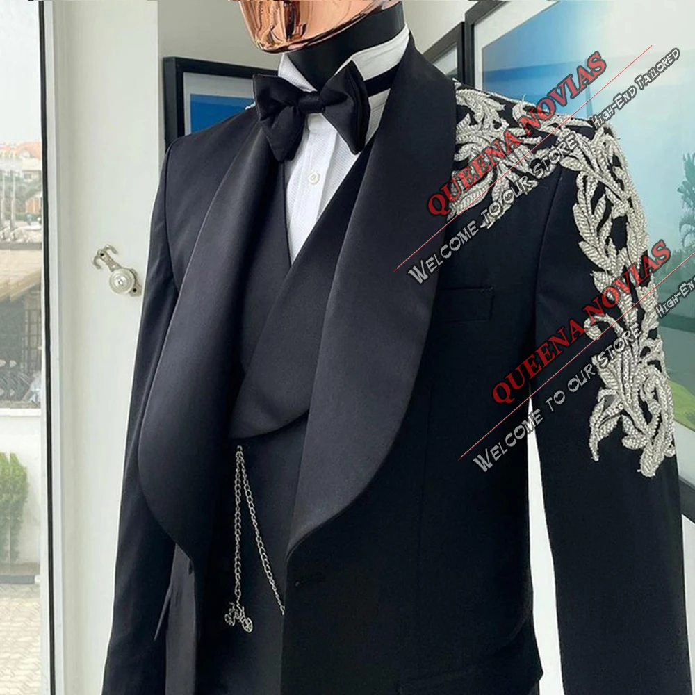 Abiti da sposo di lusso da uomo Slim Fit smoking da sposa nero cristalli Blazer con perline festa formale abbigliamento moda maschile su misura