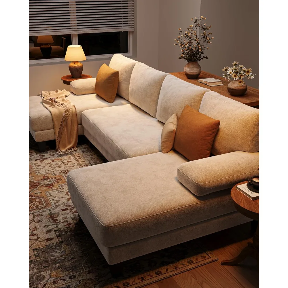 U-Shaped Sectional Sofa for Living Room Modern 112 Inch Warm White Chenille Double Chaise for Apartment, Custom