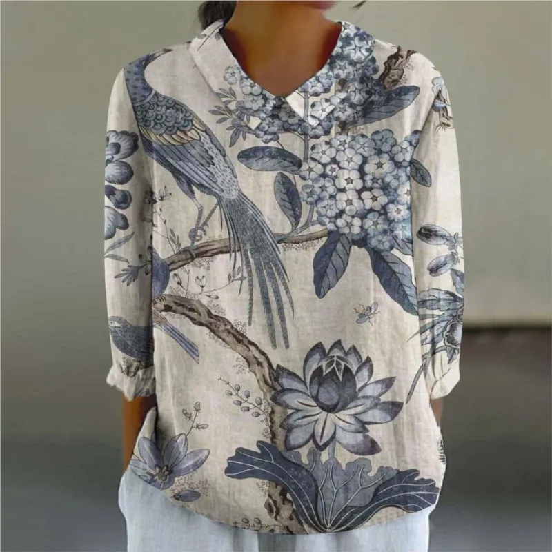 Autumn Vintage Floral Pattern Printed Long Sleeve Linen Shirt Women\'s Doll Neck Loose Casual Cotton And Linen Shirts Tops 2024