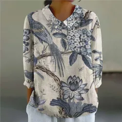 Autumn Vintage Floral Pattern Printed Long Sleeve Linen Shirt Women's Doll Neck Loose Casual Cotton And Linen Shirts Tops 2024