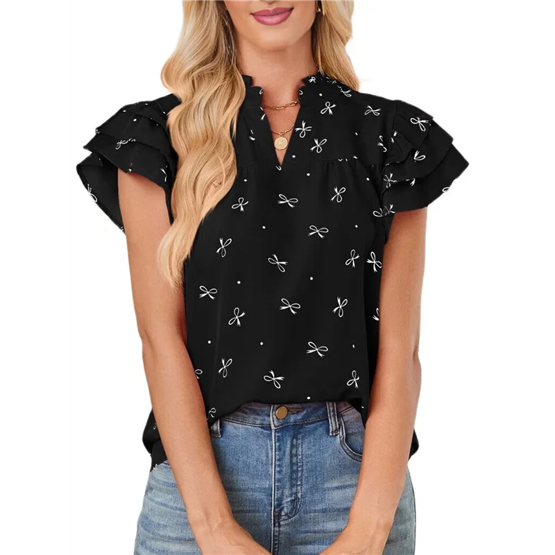 

Топы с рюшами для женщин, свободные топы с v-образным вырезом в стиле бохо, многослойные рубашки-туники с развевающимися рукавами-A55G