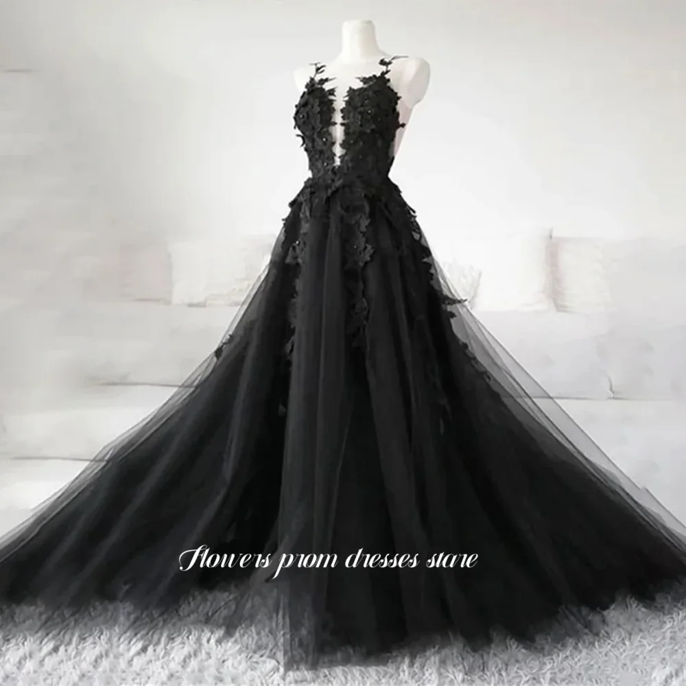 

Flowers A Line Prom Dresses Illusion Straps Evening Dress Lace Applique Party Dress for Women vestidos de fiesta Customized