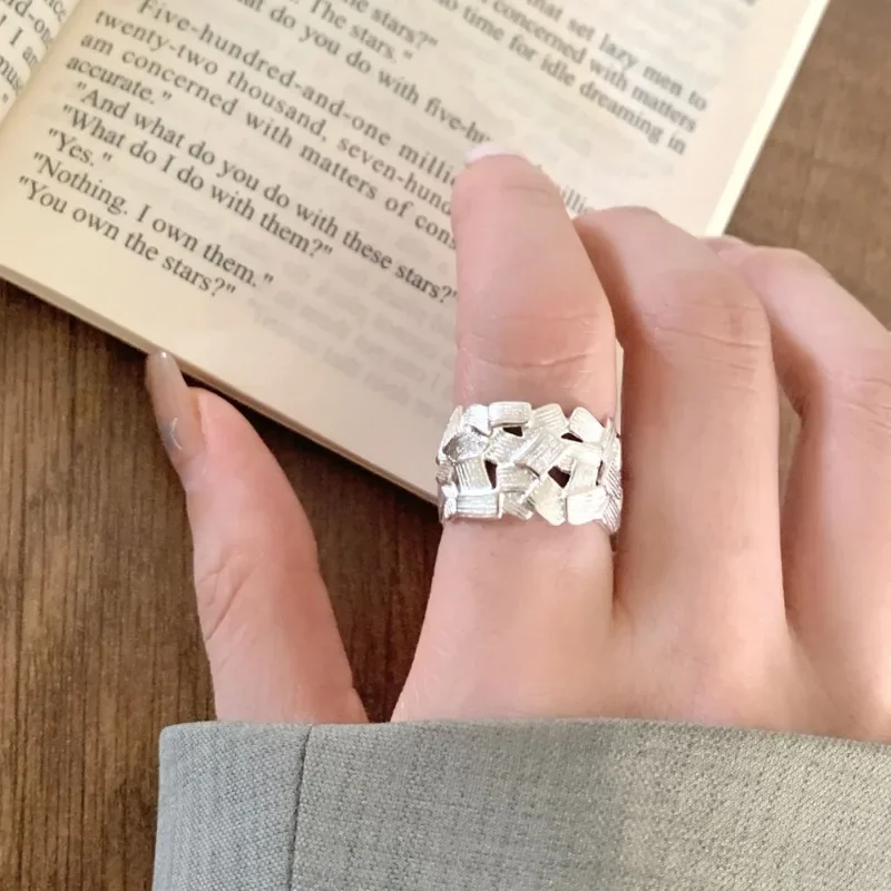 

925 Sterling Silver Cross Geometric Lines Irregular Hollow Stitching Ring for Women Fine Jewelry Minimalist Accessories