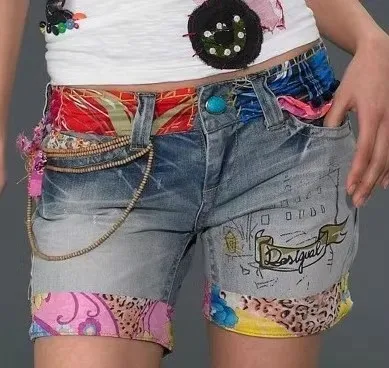 

Spanish trend brand classic ethnic style patchwork denim shorts mid-waist