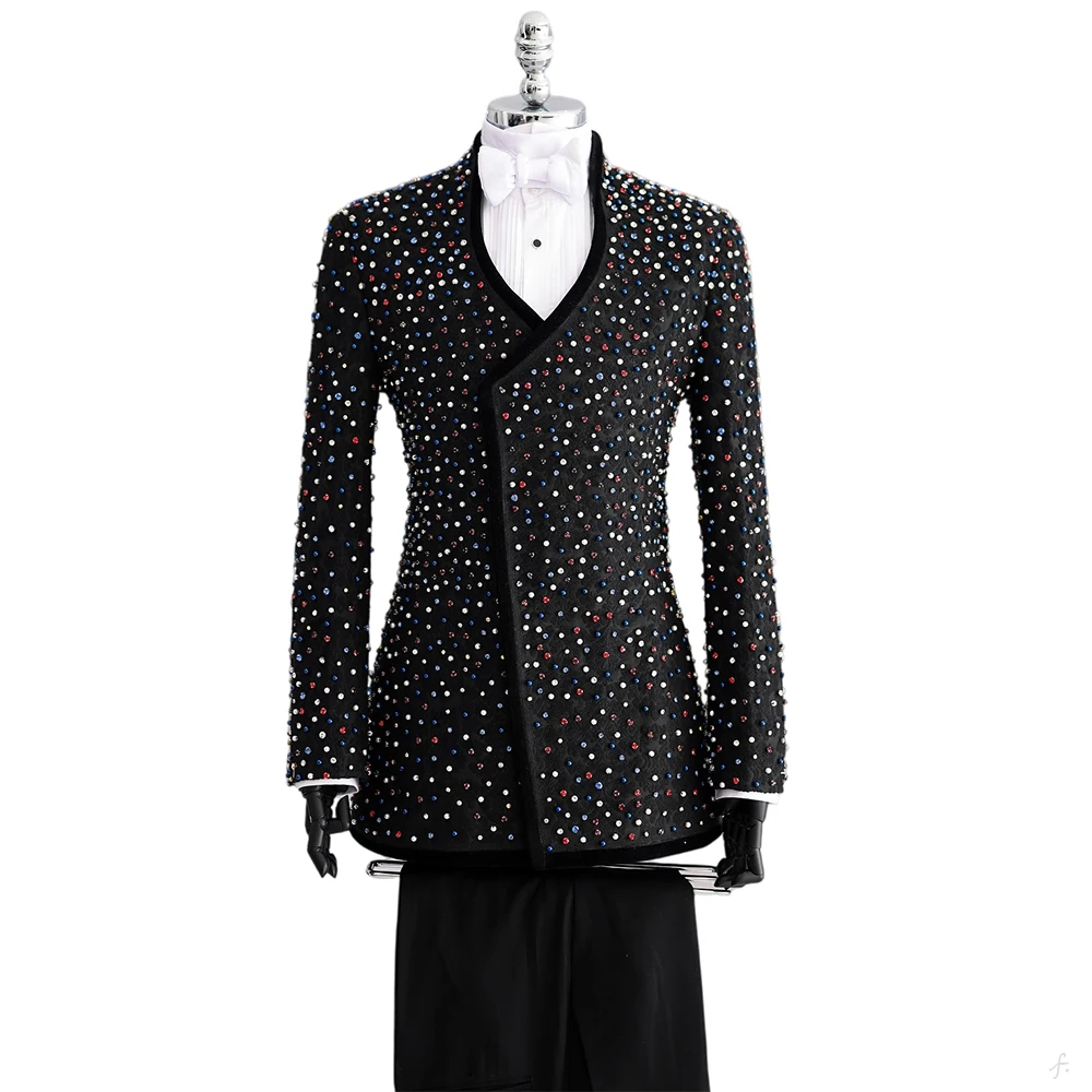 Bunte Kristalle Herrenanzüge Set 2-teilig Blazer + Hose Hose Schwarz Hochzeit Smoking Formal Büro Baumwolle Männlich Bräutigam Prom Jacke Mantel