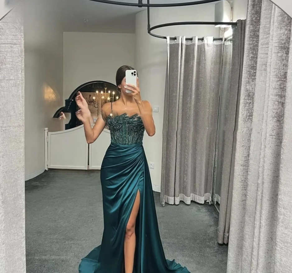 مثير أسود ساطع السباغيتي حزام حفلة موسيقية فساتين الحبيب الخرز ثوب مسائي مع حزام الظهر الساتان الجانب سبليت للنساء العباءات #4