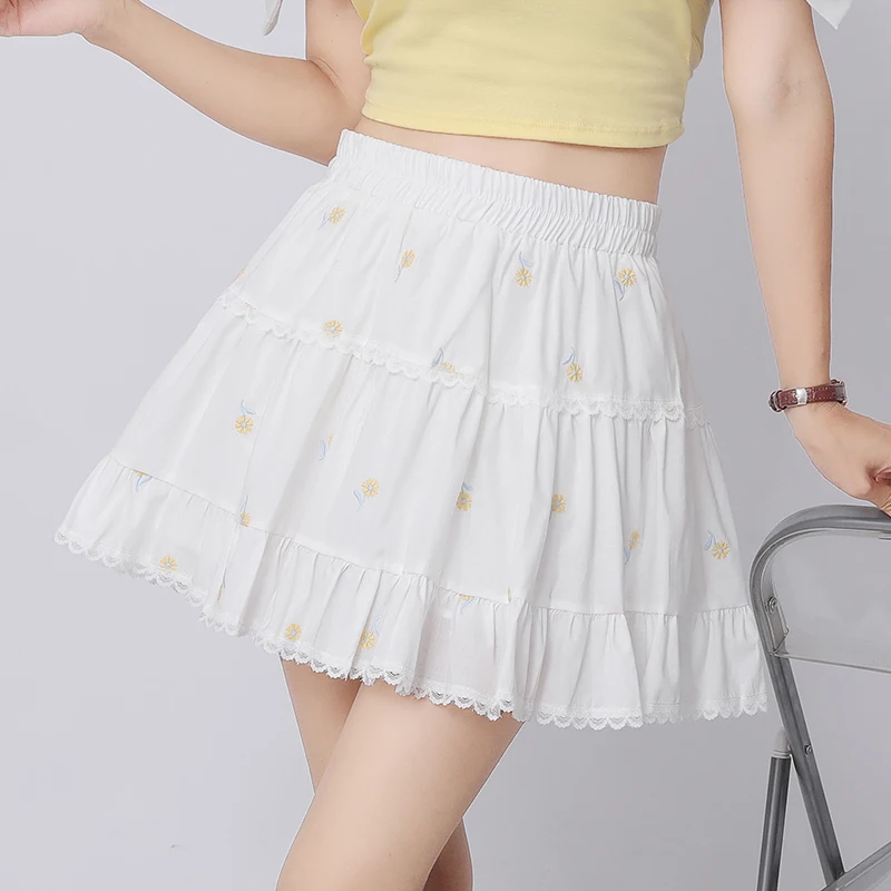 

Sweet Embroidered Floral Lace Trim for Women, Summer High Waist Versatile Anti-Exposure A-Line Cake Short Skirt