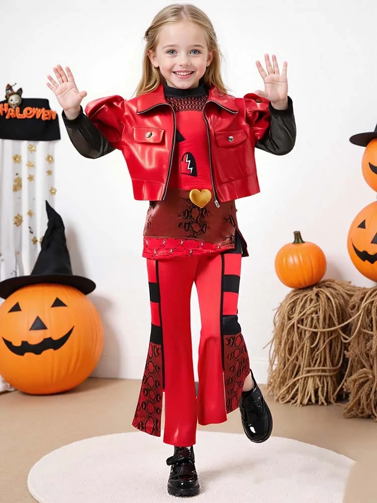 

3Pcs Girls Clothing Set Red Princess Jacket Top Pants Suit Kids Halloween Christmas New Year Carnival Performance Dress Up