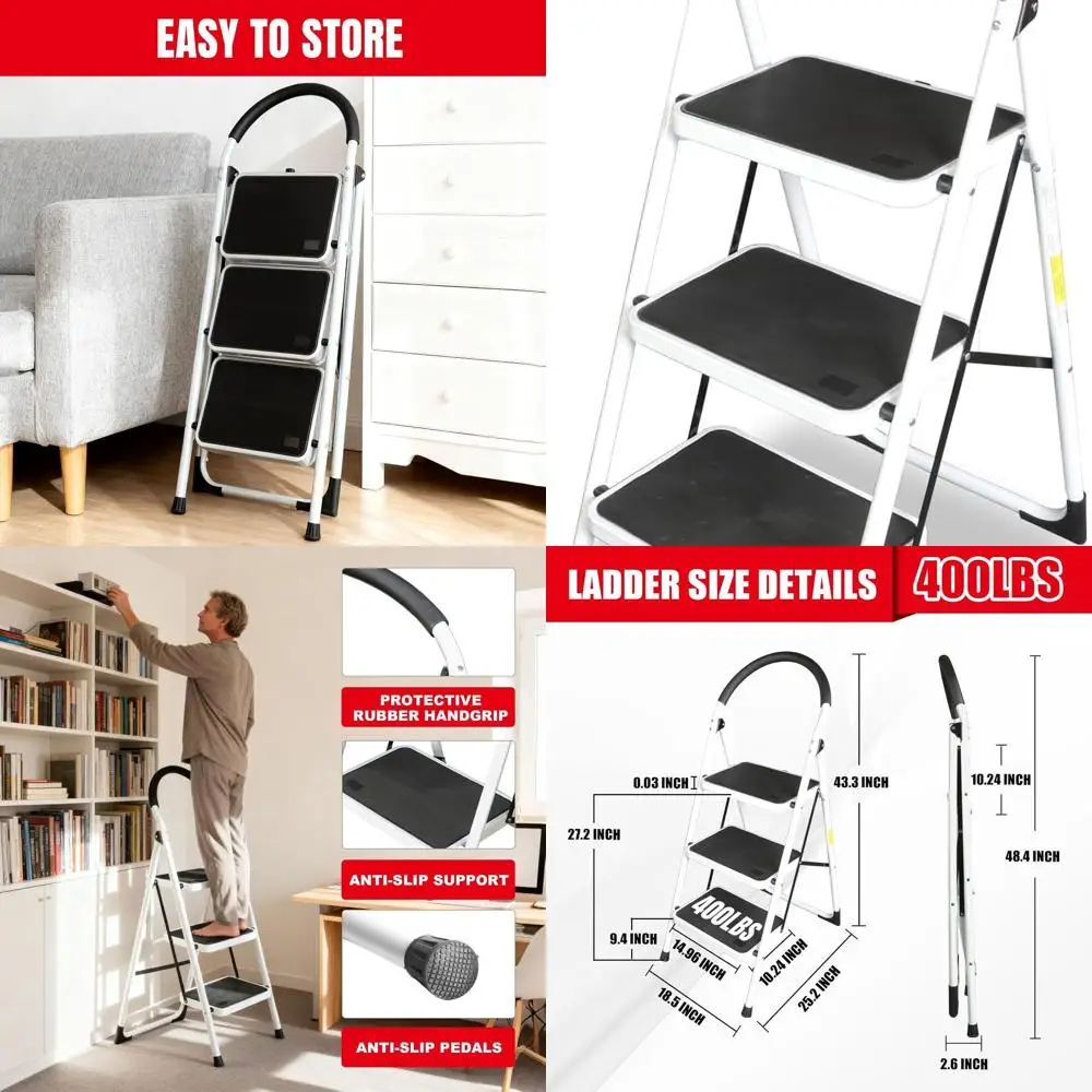 

3-Step Folding Stool with Anti-Slip Treads, Padded Handle, 400 lb Load Capacity for Kitchen, Home, and Office Use.