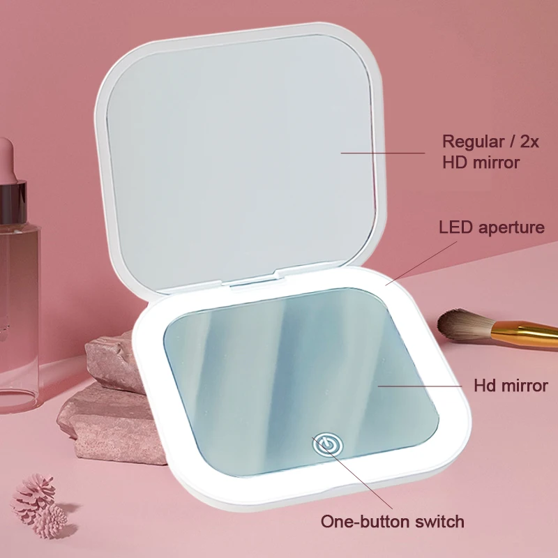 Espelho de viagem dobrável portátil com luz LED, espelho cosmético compacto, espelho de ampliação 10x, 2 lados, beleza, espelho redondo