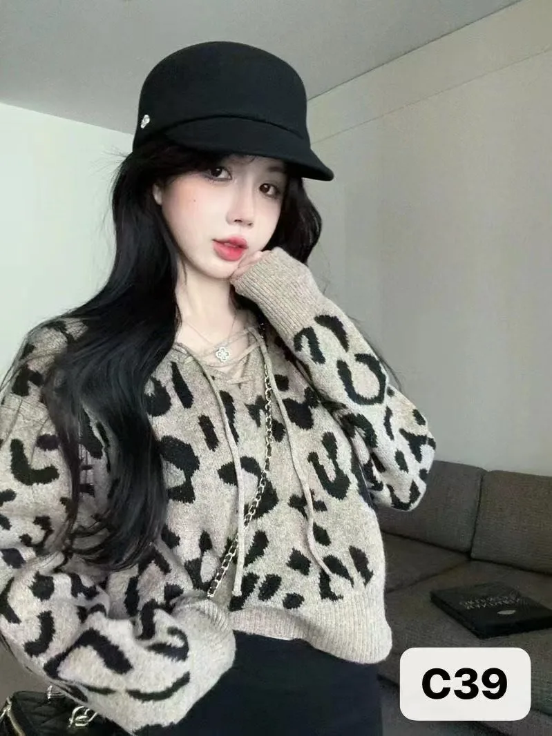 

Women's Lace-Up V-neck Leopard Sweater Korean Style Elegant Fashion Long Sleeve Pullover Top Autumn Gray Khaki Coffee Knitwear