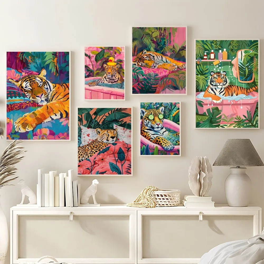 الملونة حوض الاستحمام الحيوان النمر زيبرا القط الأسود الكرتون المشارك قماش اللوحة الفن ديكور المنزل طباعة لغرفة المعيشة ديكور