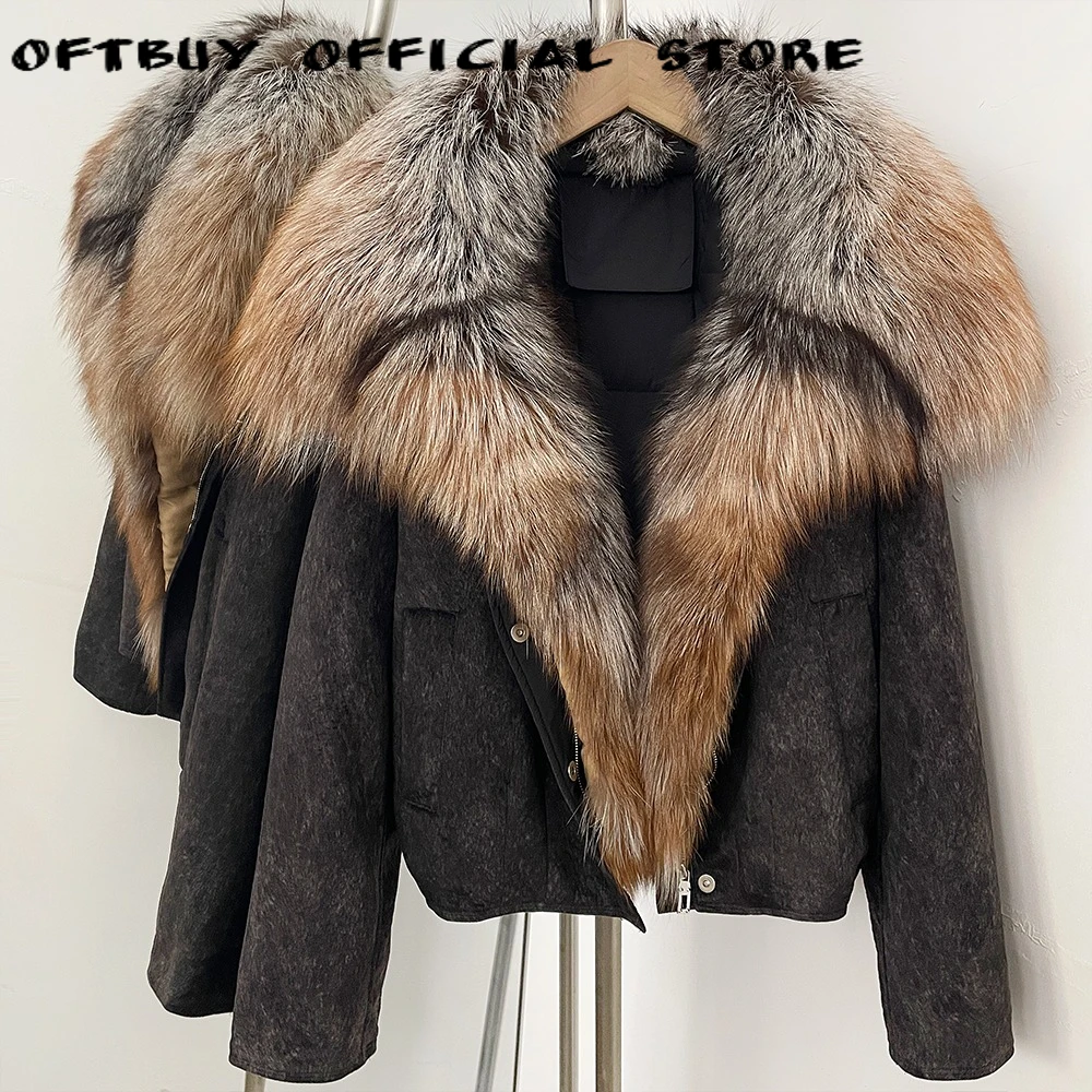 OFTBUY Down Jacket with Fur Collar Woman Cropped Shearling Down Coat Fur Trim Cold Protection Chic Modern Winter for City Wear