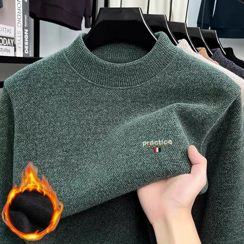 الراقية العلامة التجارية المخملية الرجال الموضة الأصلية الجديدة الساخن بيع إلكتروني التطريز الشتاء سميكة الدافئة جولة الرقبة سترة محبوكة